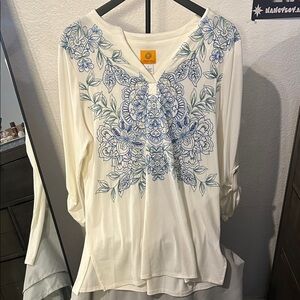 Ruby Rd. Cream Blouse with Blue Floral Embroidery size large